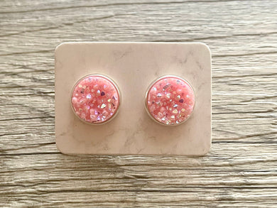 Cotton Candy Druzy earrings, 12mm earrings, colorful earrings, stud earrings, circle earring, silver earrings, pink earrings, pink jewelry