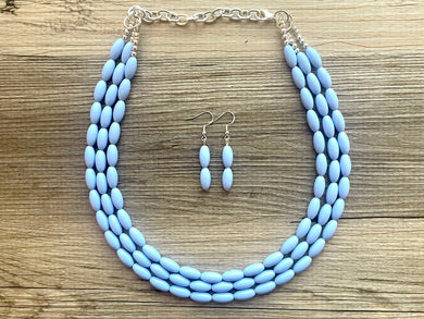 Periwinkle Statement Necklace & Earring set, blue jewelry, blue bib chunky necklace, purple light blue necklace, 3 strand beaded jewelry