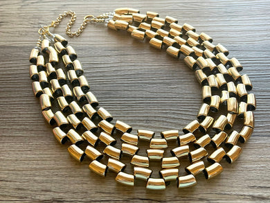 Gold Mirror chunky statement necklace, big beaded jewelry, gifts for women bib jewelry 3 strand metallic resin gold macaroni necklace