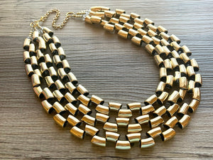 Gold Mirror chunky statement necklace, big beaded jewelry, gifts for women bib jewelry 3 strand metallic resin gold macaroni necklace