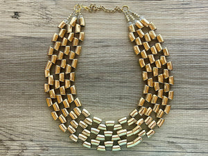Gold Mirror chunky statement necklace, big beaded jewelry, gifts for women bib jewelry 3 strand metallic resin gold macaroni necklace