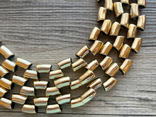 Load image into Gallery viewer, Gold Mirror chunky statement necklace, big beaded jewelry, gifts for women bib jewelry 3 strand metallic resin gold macaroni necklace