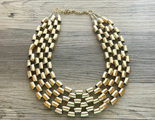 Load image into Gallery viewer, Gold Mirror chunky statement necklace, big beaded jewelry, gifts for women bib jewelry 3 strand metallic resin gold macaroni necklace