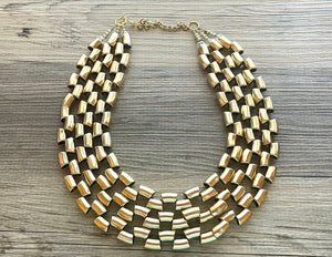 Gold Mirror chunky statement necklace, big beaded jewelry, gifts for women bib jewelry 3 strand metallic resin gold macaroni necklace