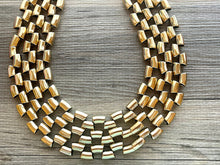 Load image into Gallery viewer, Gold Mirror chunky statement necklace, big beaded jewelry, gifts for women bib jewelry 3 strand metallic resin gold macaroni necklace
