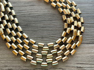Gold Mirror chunky statement necklace, big beaded jewelry, gifts for women bib jewelry 3 strand metallic resin gold macaroni necklace