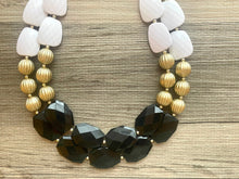 Load image into Gallery viewer, Black White and GOLD Statement Necklace, chunky beaded jewelry, neutral necklace, black and white necklace, beaded jewelry, black necklace