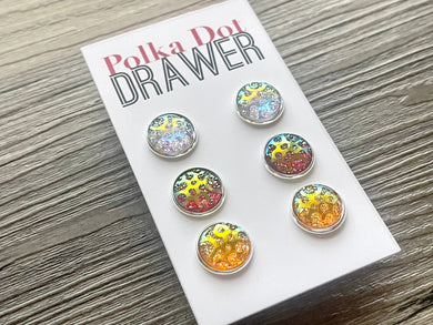 Hologram Polka Dot earrings, 12mm earrings, sparkle earrings, stud earrings circle earring, silver rainbow earrings red pink Orange