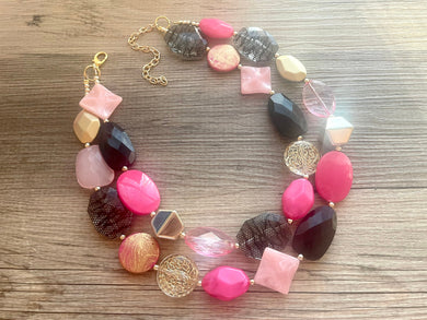Birthday Cake OOAK chunky beaded statement necklace, pink black gold necklace, golden 2 strand hot pink light pink blush, girls night