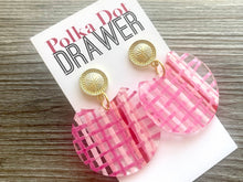 Load image into Gallery viewer, Glam Gold + Pink Ratton Earrings, Gold drop Earrings, shiny jewelry earrings metal geometric, straw plaid blush red pink gold