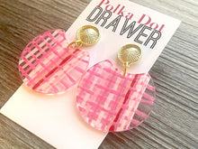 Load image into Gallery viewer, Glam Gold + Pink Ratton Earrings, Gold drop Earrings, shiny jewelry earrings metal geometric, straw plaid blush red pink gold