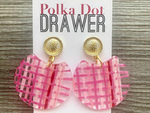 Load image into Gallery viewer, Glam Gold + Pink Ratton Earrings, Gold drop Earrings, shiny jewelry earrings metal geometric, straw plaid blush red pink gold