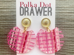 Glam Gold + Pink Ratton Earrings, Gold drop Earrings, shiny jewelry earrings metal geometric, straw plaid blush red pink gold