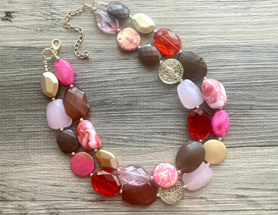Strawberry Shake OOAK chunky beaded statement necklace, pink black gold necklace, golden 2 strand hot pink light pink blush, girls night
