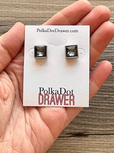 Dark Gray & Silver Square Stud earrings, 2nd hole earrings, pierced ear back jewelry, flower earrings jewelry, chunky thin Crystal diamond