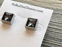 Load image into Gallery viewer, Dark Gray &amp; Silver Square Stud earrings, 2nd hole earrings, pierced ear back jewelry, flower earrings jewelry, chunky thin Crystal diamond