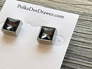 Dark Gray & Silver Square Stud earrings, 2nd hole earrings, pierced ear back jewelry, flower earrings jewelry, chunky thin Crystal diamond