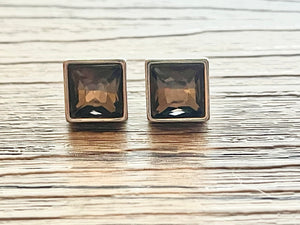 Dark Gray & Silver Square Stud earrings, 2nd hole earrings, pierced ear back jewelry, flower earrings jewelry, chunky thin Crystal diamond