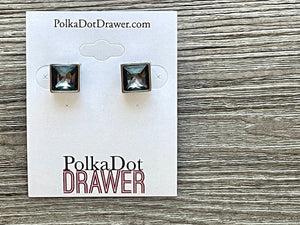 Dark Gray & Silver Square Stud earrings, 2nd hole earrings, pierced ear back jewelry, flower earrings jewelry, chunky thin Crystal diamond