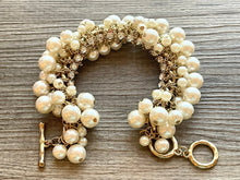 Load image into Gallery viewer, Cream Beaded Statement bracelet, Pearl gold bracelet, cluster bubble beaded jewelry, vintage gold rhinestone color beaded