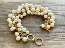 Load image into Gallery viewer, Cream Beaded Statement bracelet, Pearl gold bracelet, cluster bubble beaded jewelry, vintage gold rhinestone color beaded