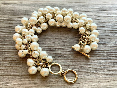Cream Beaded Statement bracelet, Pearl gold bracelet, cluster bubble beaded jewelry, vintage gold rhinestone color beaded