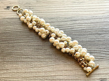 Load image into Gallery viewer, Cream Beaded Statement bracelet, Pearl gold bracelet, cluster bubble beaded jewelry, vintage gold rhinestone color beaded