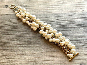 Cream Beaded Statement bracelet, Pearl gold bracelet, cluster bubble beaded jewelry, vintage gold rhinestone color beaded