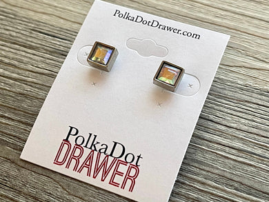 Colorful & Silver Square Stud earrings, 2nd hole earrings, pierced ear back jewelry 8mm geometric jewelry, chunky Crystal diamond
