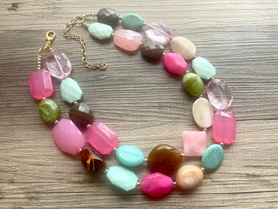 California green & pink big bead Necklace, Double Strand Statement Jewelry, blush pink Chunky bib bridesmaid light pink necklace jewelry set