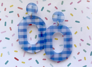 Gingham Blue White earrings, oval earrings, post back jewelry earrings jewelry, drop dangle Spring earrings acetate resin acrylic laser cut