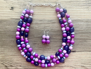 Purple Periwinkle beaded Necklace, triple strand jewelry, big beaded chunky statement necklace, purple lavender eggplant acrylic necklace