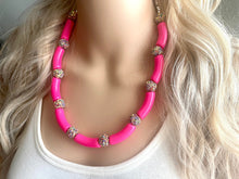 Load image into Gallery viewer, Pink Glitter Chunky Statement Necklace, rainbow pink beaded necklace, bubble jewelry hot pink jewelry multi strand necklace, bib chunky