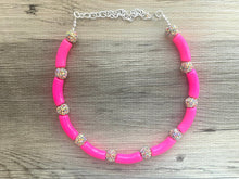 Load image into Gallery viewer, Pink Glitter Chunky Statement Necklace, rainbow pink beaded necklace, bubble jewelry hot pink jewelry multi strand necklace, bib chunky