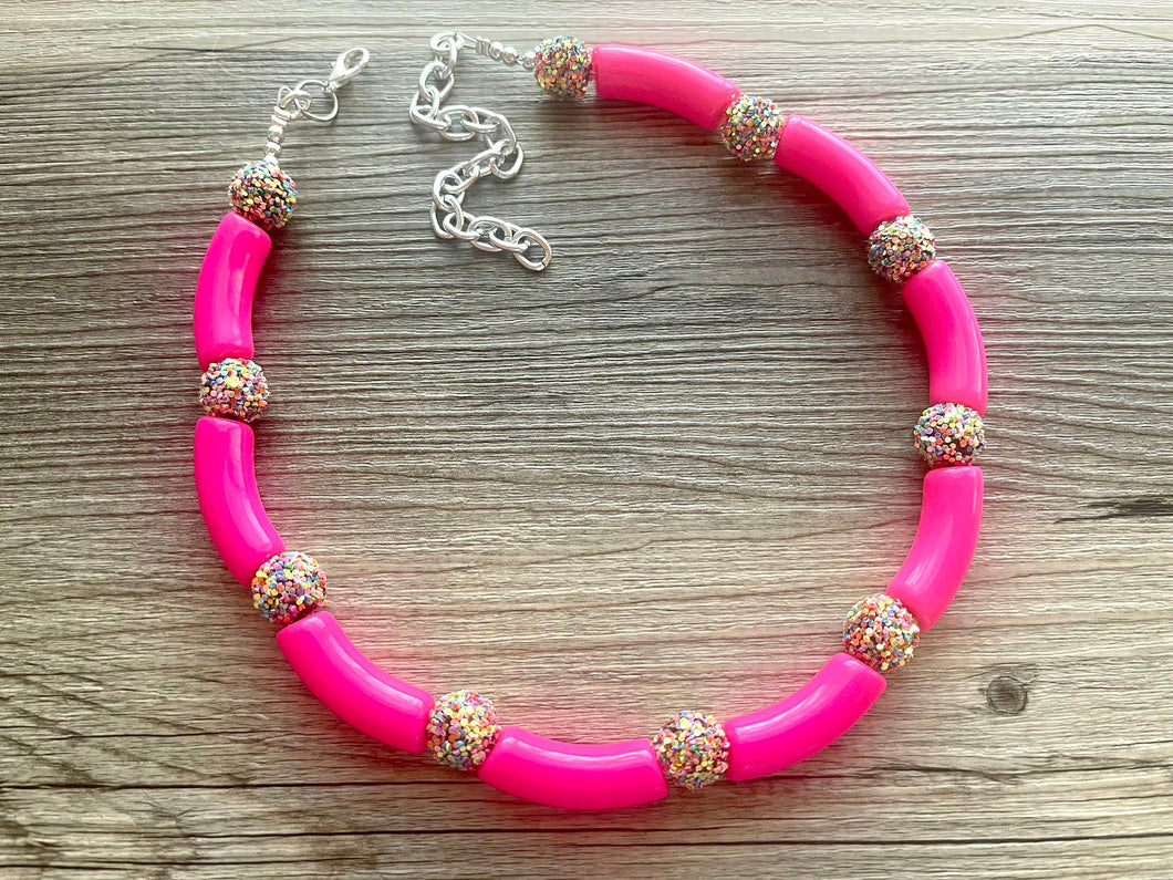 Pink Glitter Chunky Statement Necklace, rainbow pink beaded necklace, bubble jewelry hot pink jewelry multi strand necklace, bib chunky