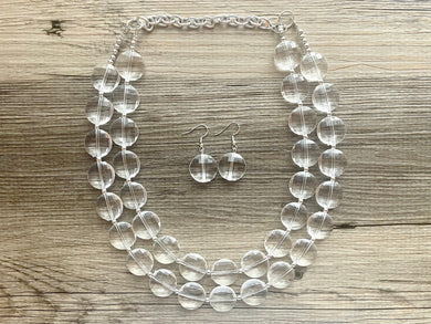 Resin Clear Crystal Statement Necklace - Faceted circular Beaded Everyday neutral jewelry, earrings silver accents chunky bib necklace