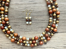 Load image into Gallery viewer, 3 Strand Wood Beaded Necklace, brown Jewelry Chunky statement necklace, big beaded necklace jewelry, natural boho wood earrings