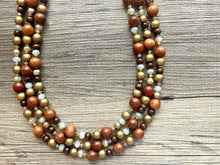 Load image into Gallery viewer, 3 Strand Wood Beaded Necklace, brown Jewelry Chunky statement necklace, big beaded necklace jewelry, natural boho wood earrings