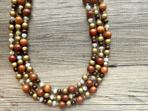 3 Strand Wood Beaded Necklace, brown Jewelry Chunky statement necklace, big beaded necklace jewelry, natural boho wood earrings