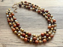 Load image into Gallery viewer, 3 Strand Wood Beaded Necklace, brown Jewelry Chunky statement necklace, big beaded necklace jewelry, natural boho wood earrings