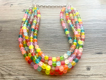 Load image into Gallery viewer, Rainbow Neon 5 strand Beaded Necklace, Colorful Jewelry, Chunky statement necklace, big beaded necklace, rainbow jewelry, rainbow confetti