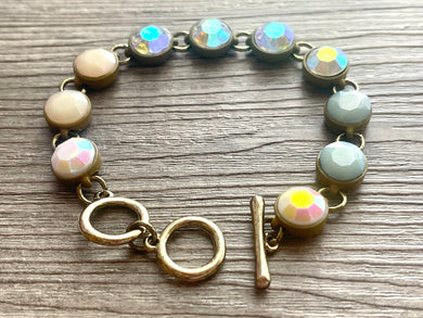 Rhinestone & Gold Statement bracelet, chunky vintage bracelet cream green beaded jewelry, chunky gold pendant jewelry