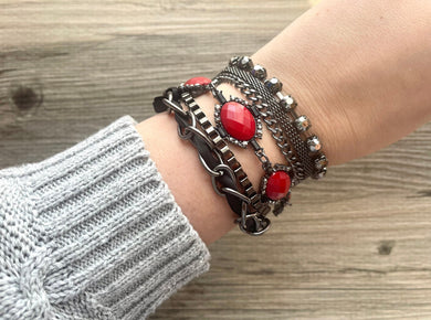 Gunmetal Red Vintage Statement bracelet, chunky vintage bracelet, silver colorful  beaded jewelry, chunky geometric pendant jewelry