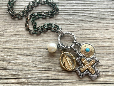 Rhinestone Charm + Statement Necklace, bronze plus sign Pearl chunky necklace jewelry, gemstone necklace, turquoise leaf pendant
