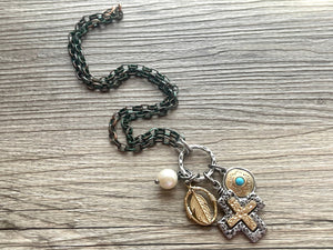 Rhinestone Charm + Statement Necklace, bronze plus sign Pearl chunky necklace jewelry, gemstone necklace, turquoise leaf pendant