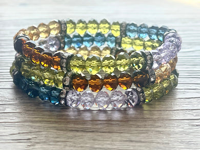 Rainbow & Rhinestone Beaded Statement bracelet, Cream stretch bracelet, Crystal silver beaded jewelry, Stretchy bracelet rhinestone set of 3