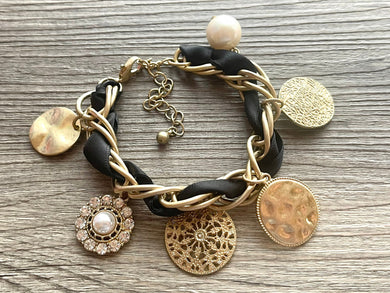 Gold + Black Vintage Statement bracelet, chunky vintage bracelet, coin rhinestone  beaded jewelry, chunky geometric pendant jewelry