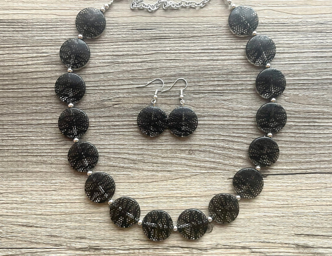 Black Lace Resin Necklace, single strand jewelry, big beaded chunky statement necklace, black jewelry, bridesmaid necklace, bib necklace