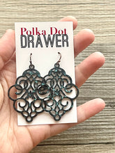 Load image into Gallery viewer, Distressed Antique Filigree Earrings, Black drop Earrings, Metal Filigree Earrings, filigree jewelry, black jewelry cutout lace earrings