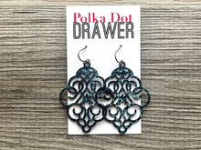 Load image into Gallery viewer, Distressed Antique Filigree Earrings, Black drop Earrings, Metal Filigree Earrings, filigree jewelry, black jewelry cutout lace earrings